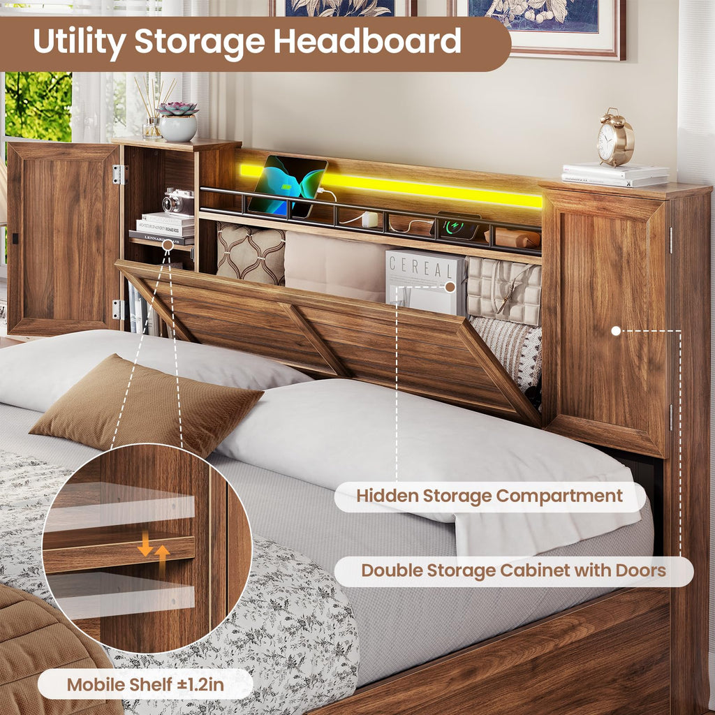 Brown Full Size Wood Bed Frame with Headboard and Storage R8079