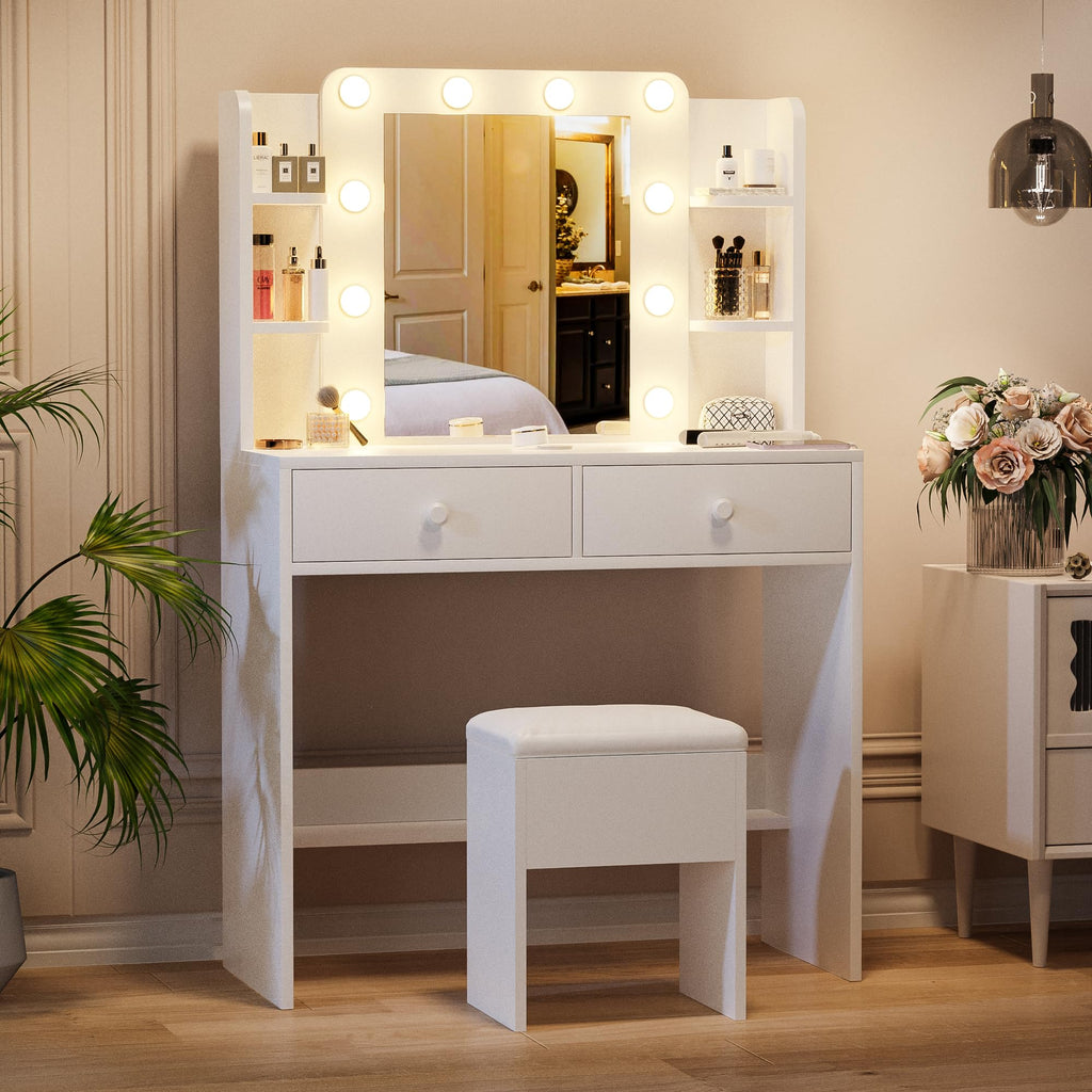 White Makeup Vanity Desk with Lighted Mirror and Chair Set M4315