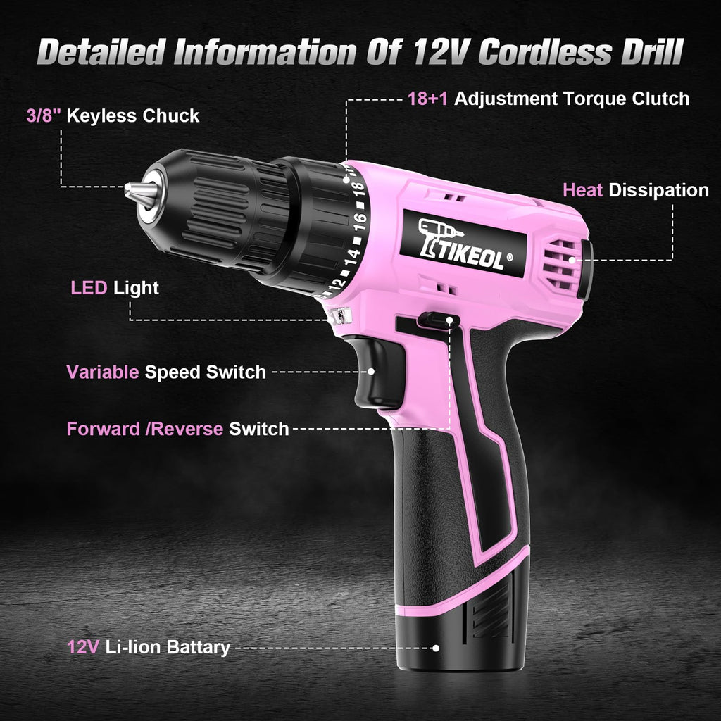 12V Cordless Drill Set with Battery & Charger, 180 In-lbs Torque, 3/8" Keyless Chuck, Pink K985