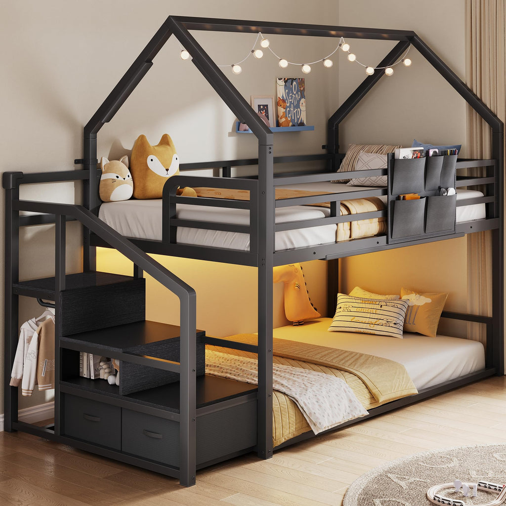 Black Twin Over Twin Metal Bunk Bed with Storage Staircase P104