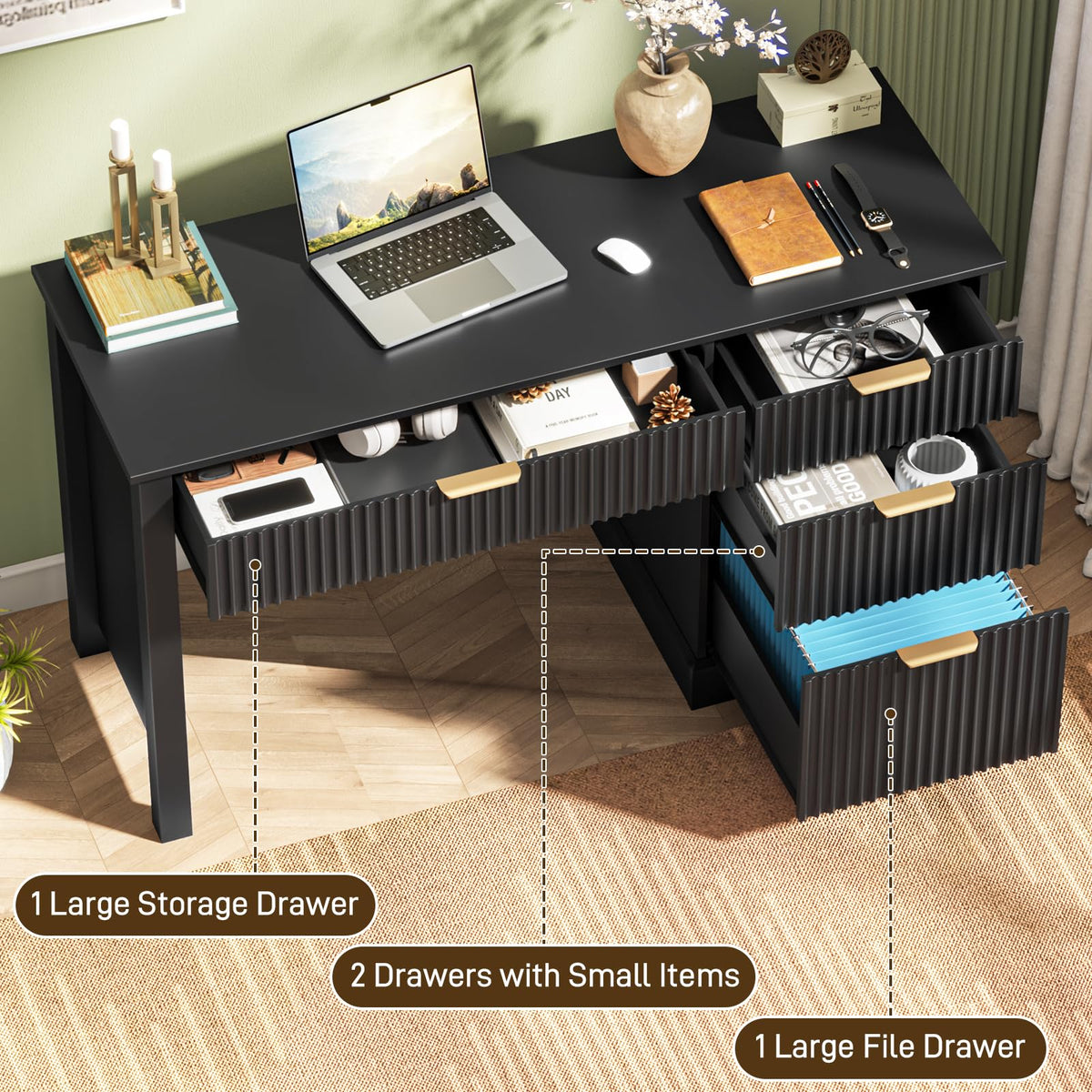 Black Wood Executive Desk with Drawers N56639