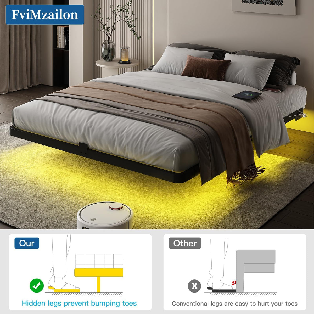 Full Size Floating Platform Bed Frame with LED Lights & Charging Station T529