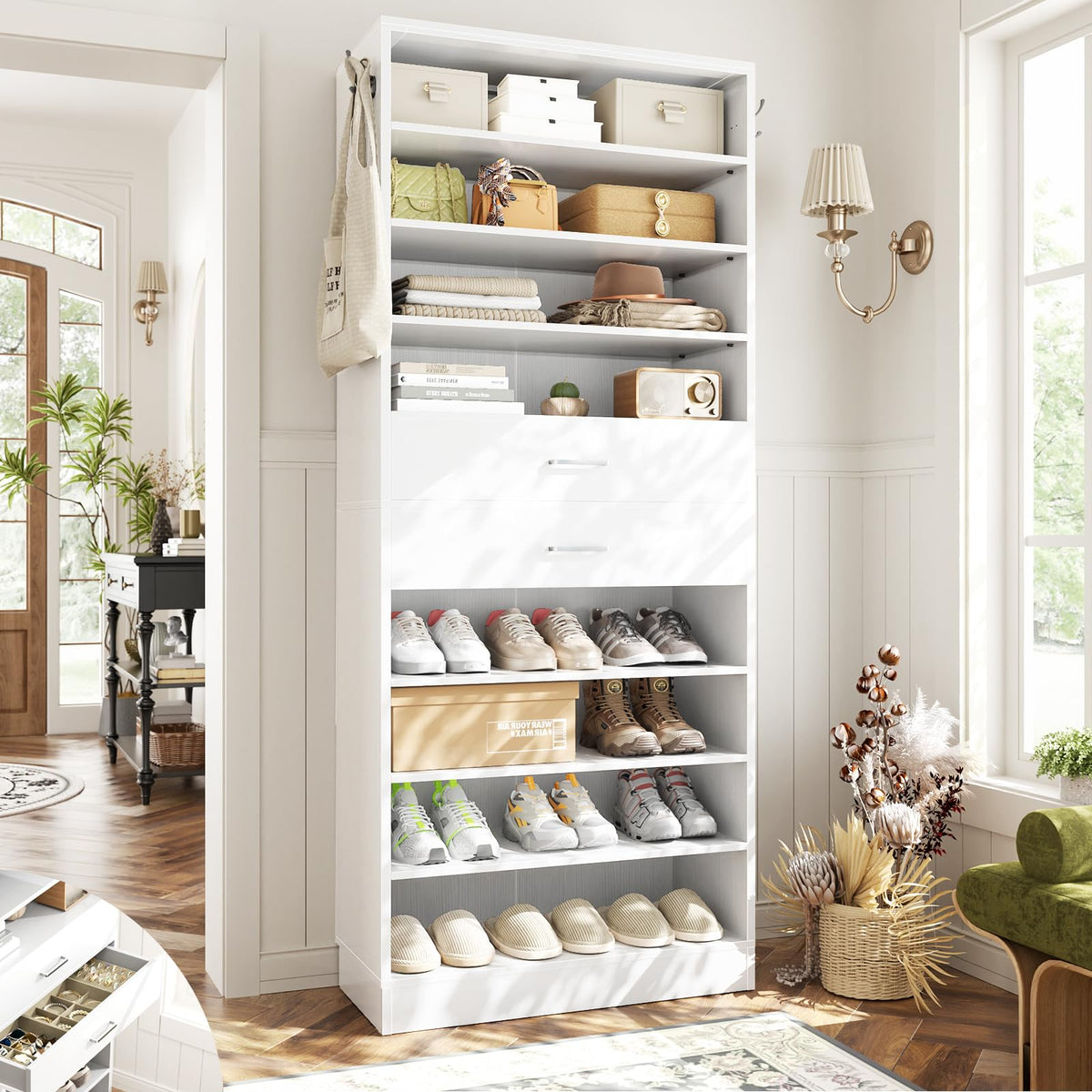 10 Tiers Tall White Wood Shoe Cabinet J583285