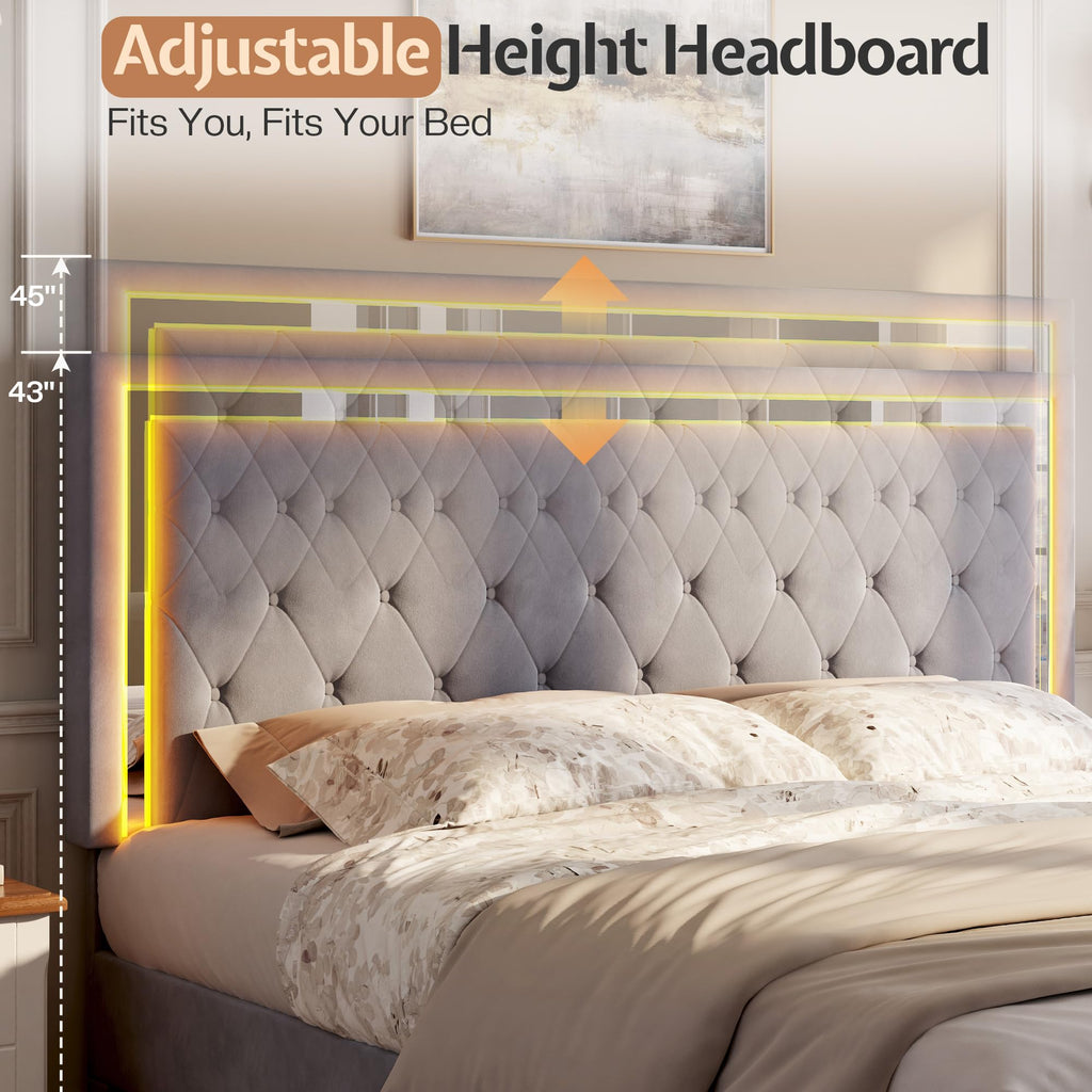 Full Velvet Upholstered Bed Frame with LED Lights Headboard J6155