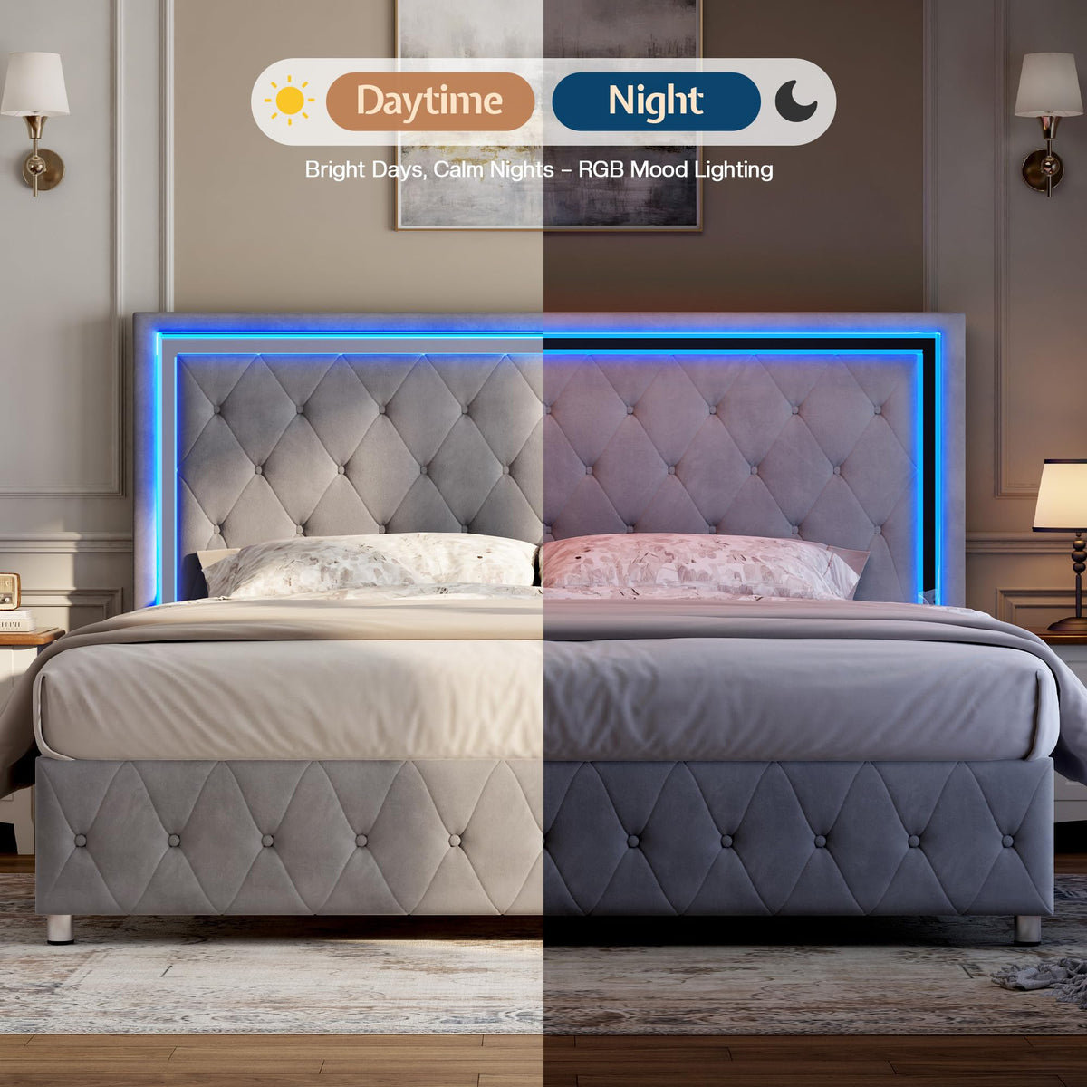 Full Velvet Upholstered Bed Frame with LED Lights Headboard J6155
