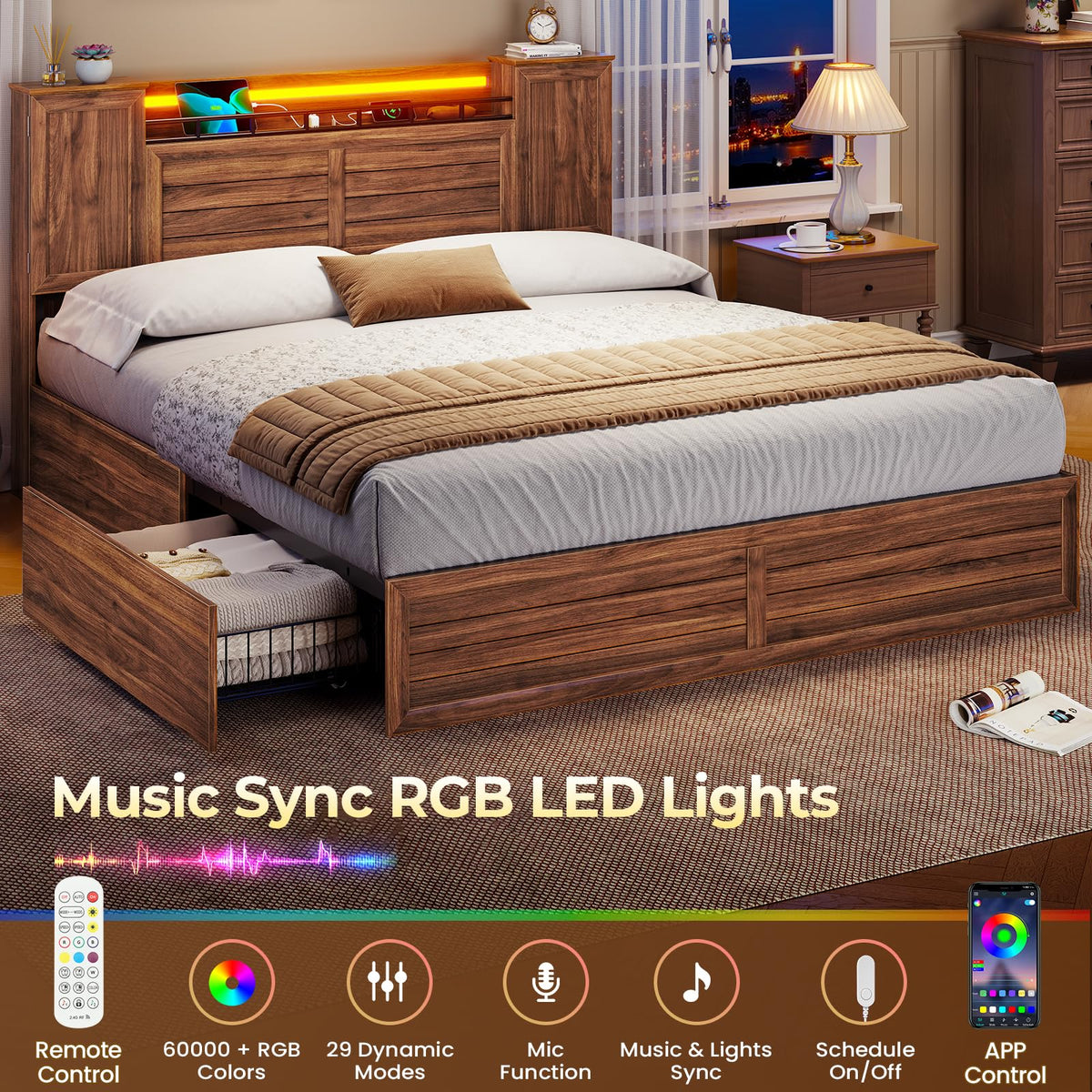 Brown Full Size Wood Bed Frame with Headboard and Storage R8079