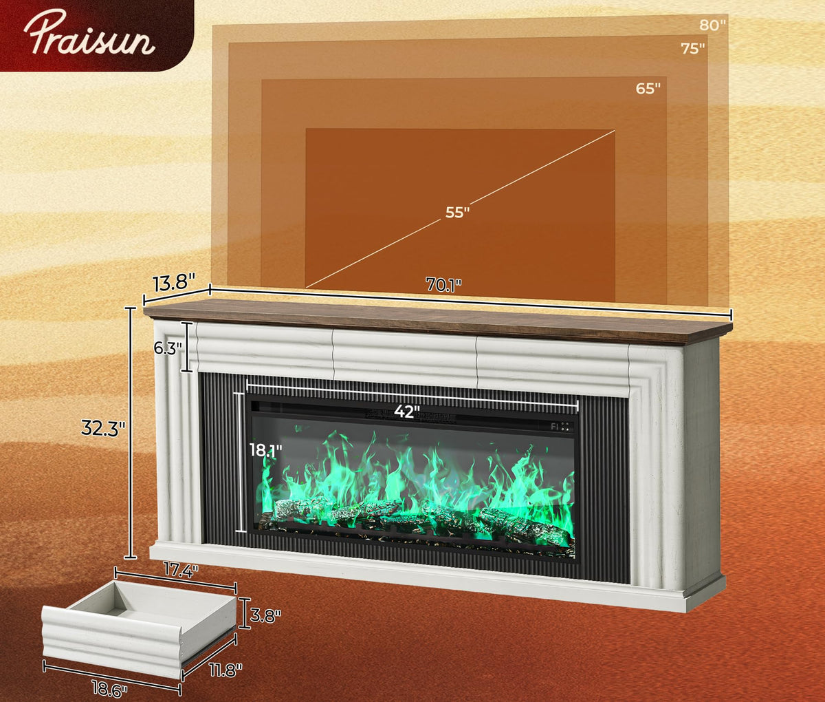 70'' TV Stand with 42'' Electric Fireplace, 3 Drawers, Distressed White J783