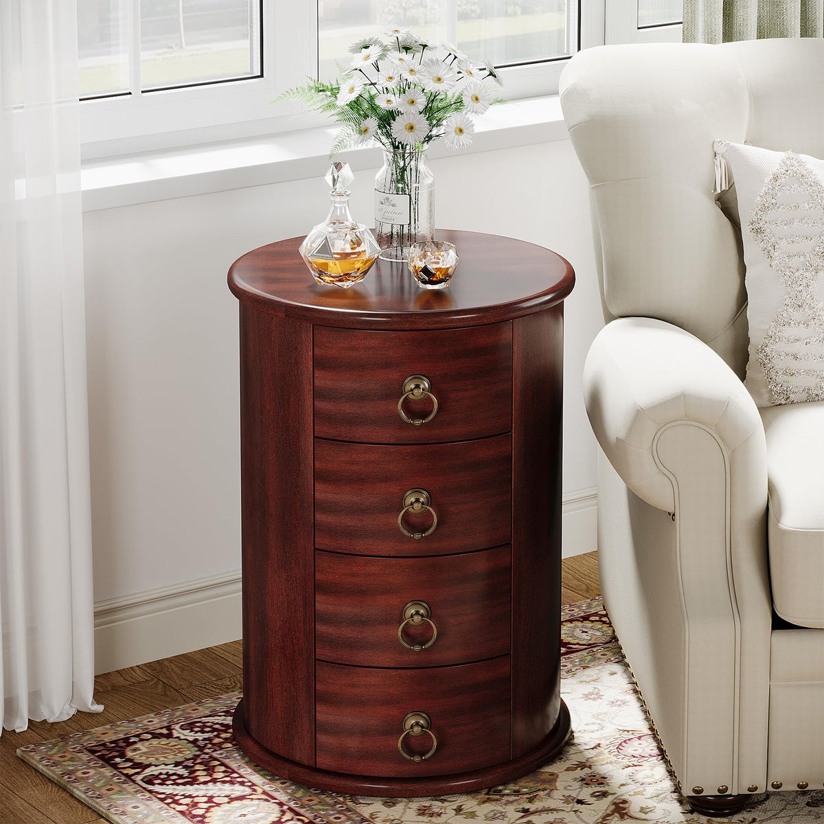 Solid Wood Round End Table with 4 Drawers O1036