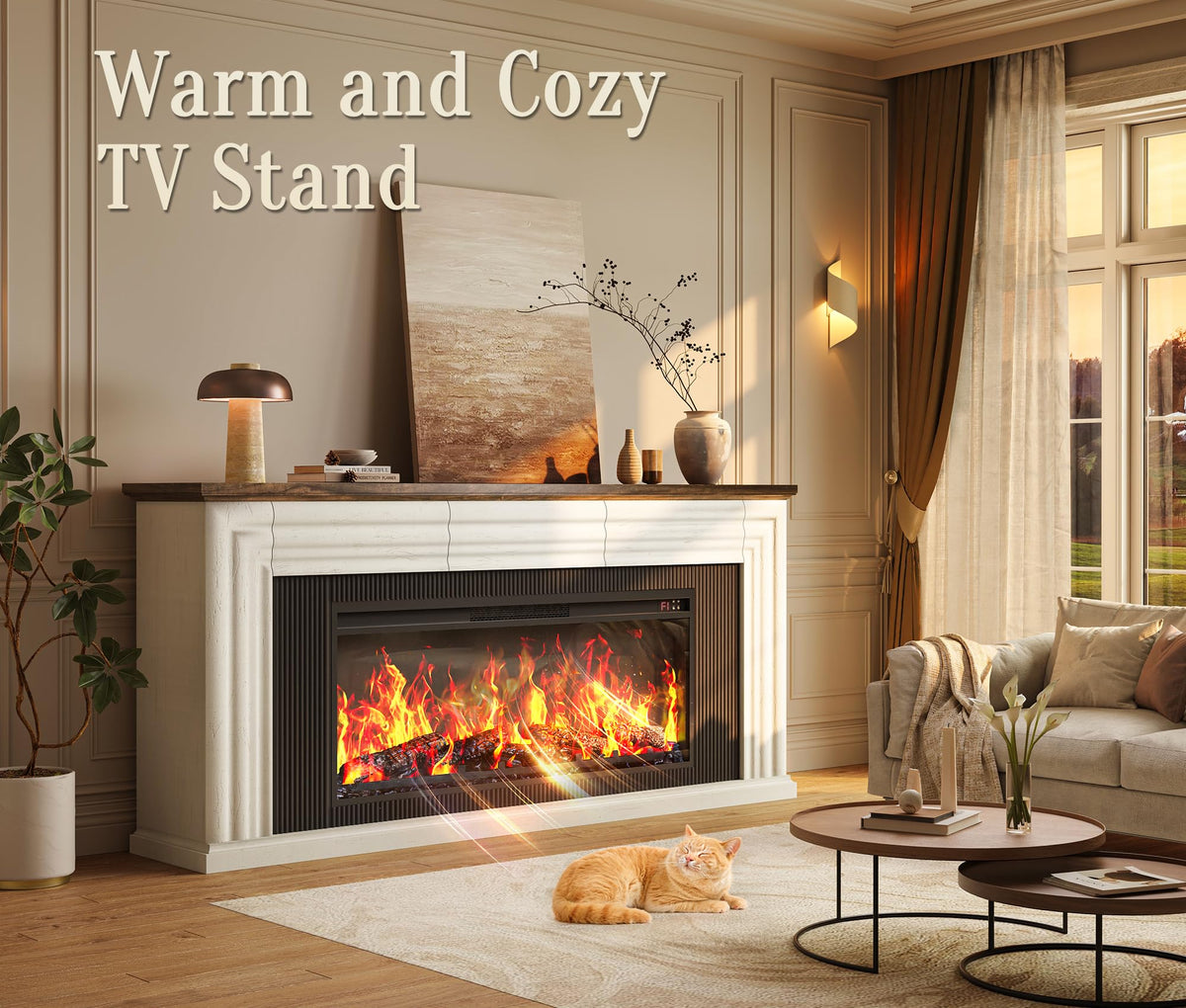 70'' TV Stand with 42'' Electric Fireplace, 3 Drawers, Distressed White J783