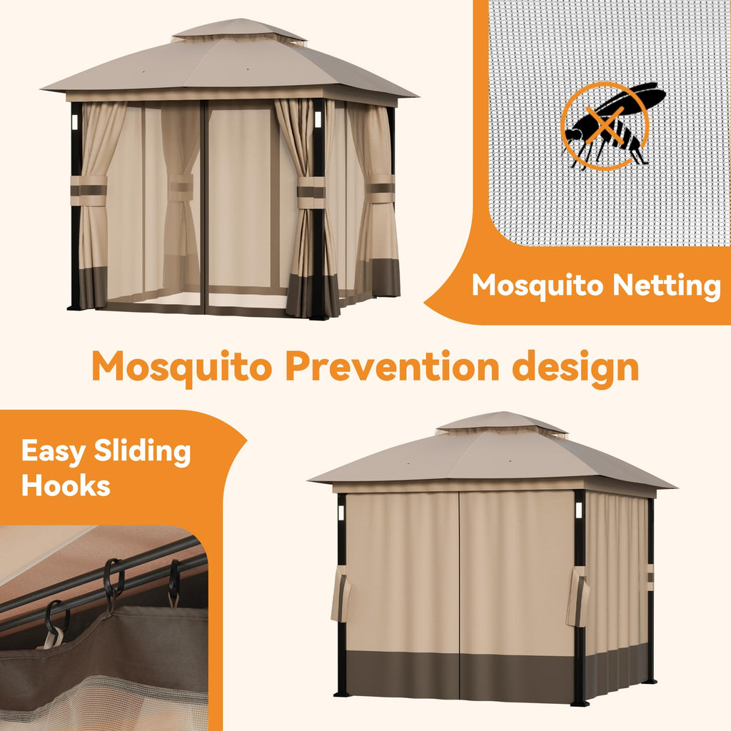 Khaki 8'x8' Outdoor Gazebo with LED Lights and Netting F5880