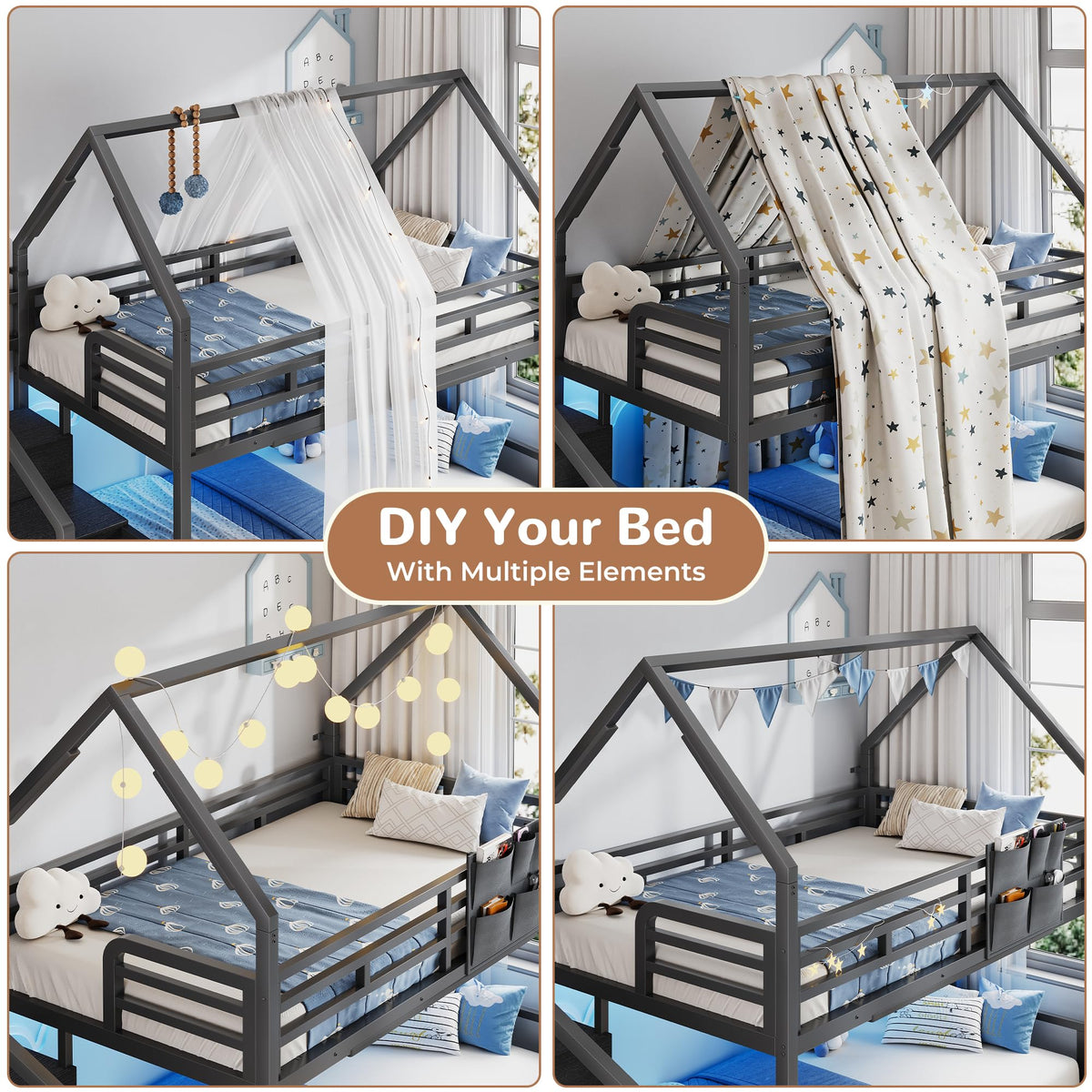 Black Twin Over Twin Metal Bunk Bed with Storage Staircase P104