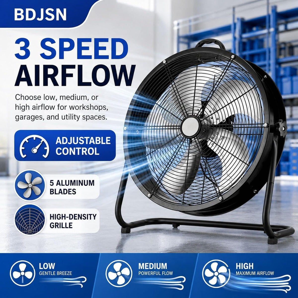 Industrial Drum Fan, High Velocity Air Circulator with 5 Aluminium Blades, 3-Speed Adjustable Tilt Metal Floor Fan Y259