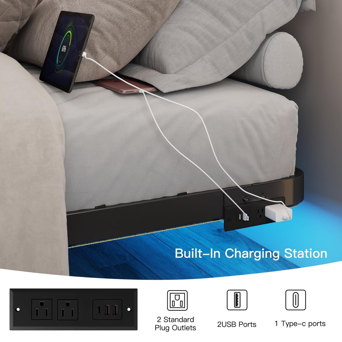 Full Size Floating Platform Bed Frame with LED Lights & Charging Station T529