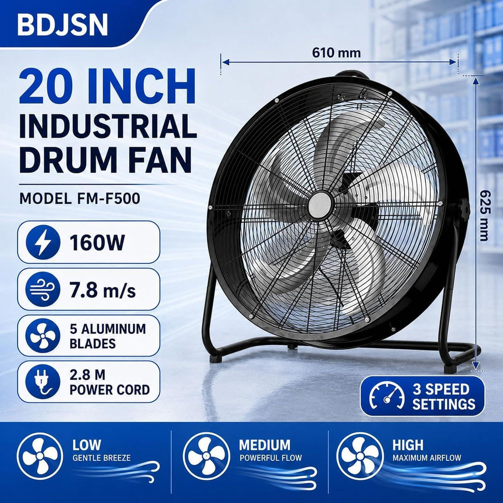 Industrial Drum Fan, High Velocity Air Circulator with 5 Aluminium Blades, 3-Speed Adjustable Tilt Metal Floor Fan Y259
