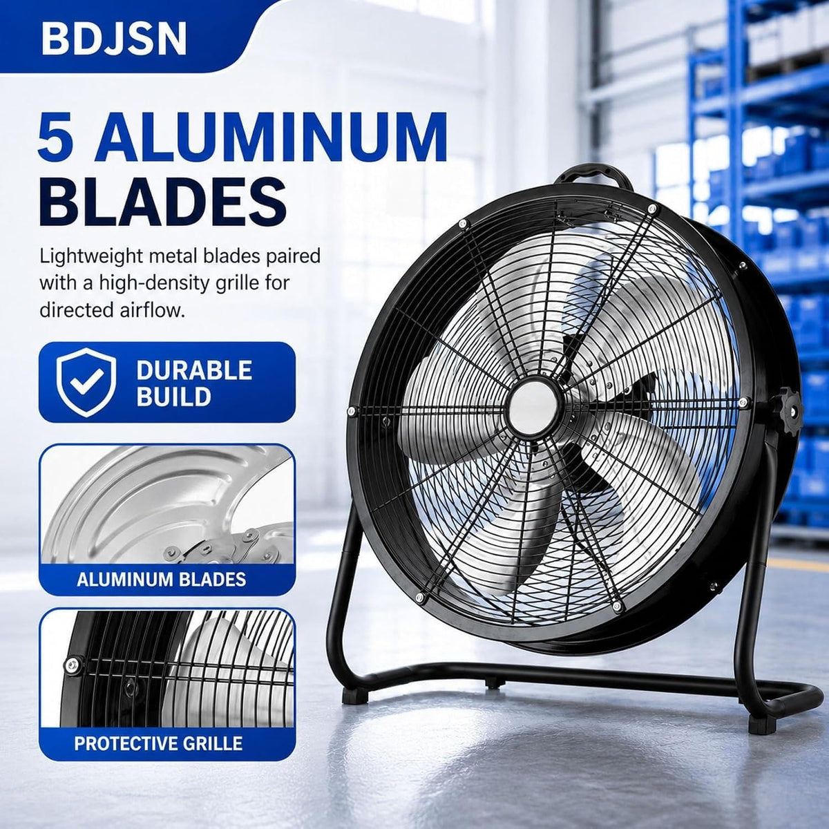 Industrial Drum Fan, High Velocity Air Circulator with 5 Aluminium Blades, 3-Speed Adjustable Tilt Metal Floor Fan Y259