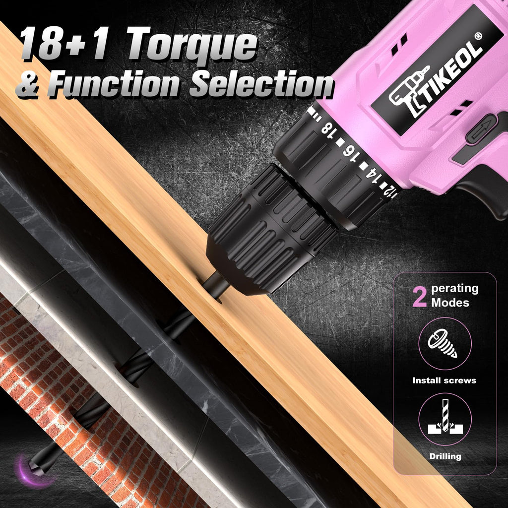 12V Cordless Drill Set with Battery & Charger, 180 In-lbs Torque, 3/8" Keyless Chuck, Pink K985