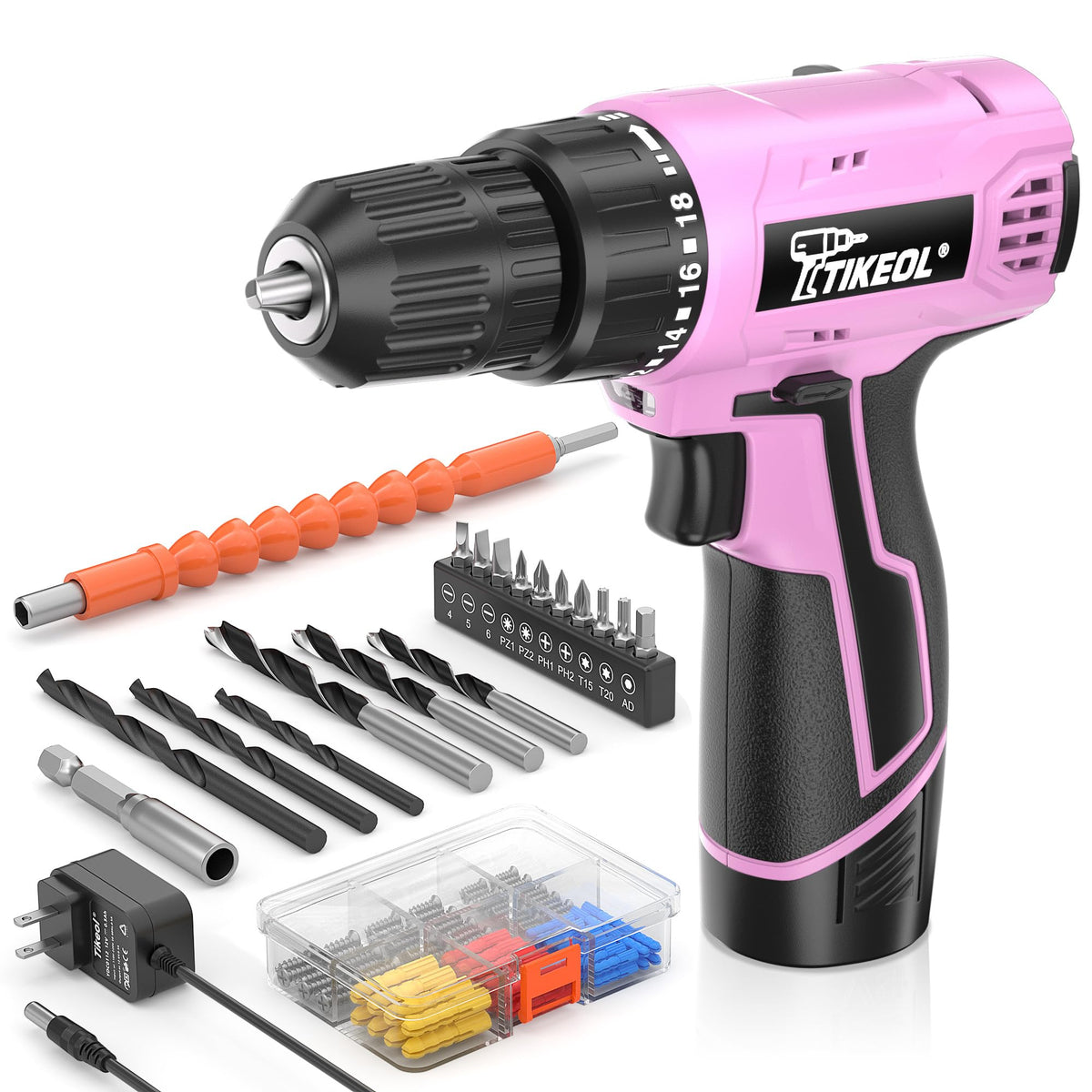 12V Cordless Drill Set with Battery & Charger, 180 In-lbs Torque, 3/8" Keyless Chuck, Pink K985