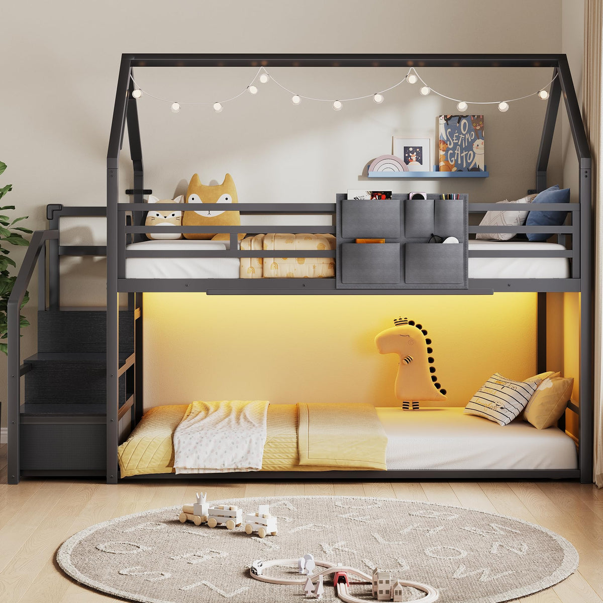 Black Twin Over Twin Metal Bunk Bed with Storage Staircase P104