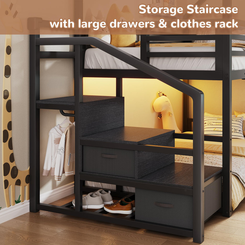 Black Twin Over Twin Metal Bunk Bed with Storage Staircase P104