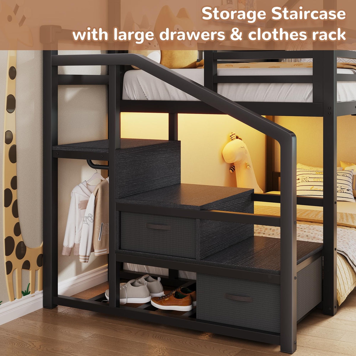 Black Twin Over Twin Metal Bunk Bed with Storage Staircase P104