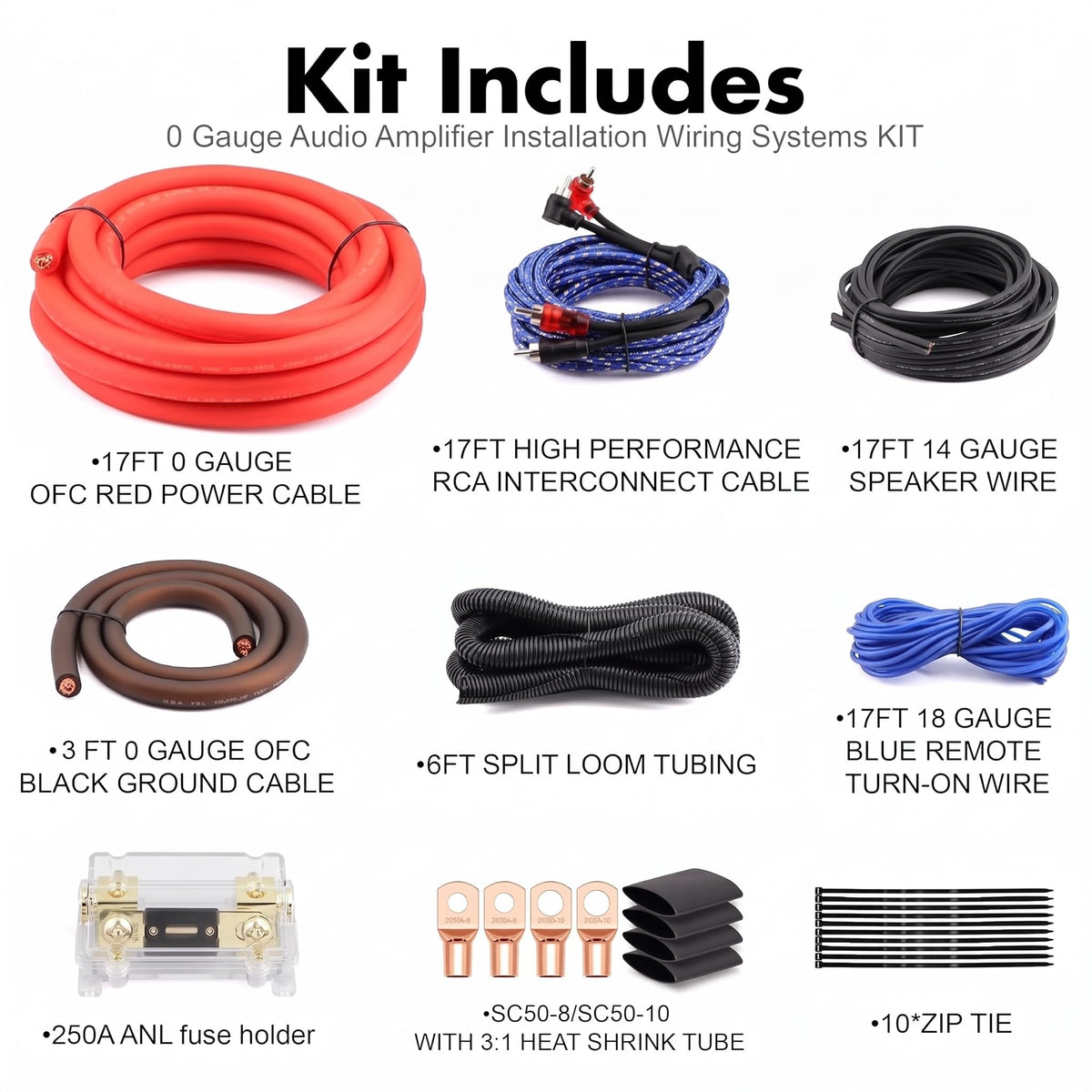 0 Gauge Pure OFC Amplifier Wiring Kit with Fuse Holder & RCA J8229