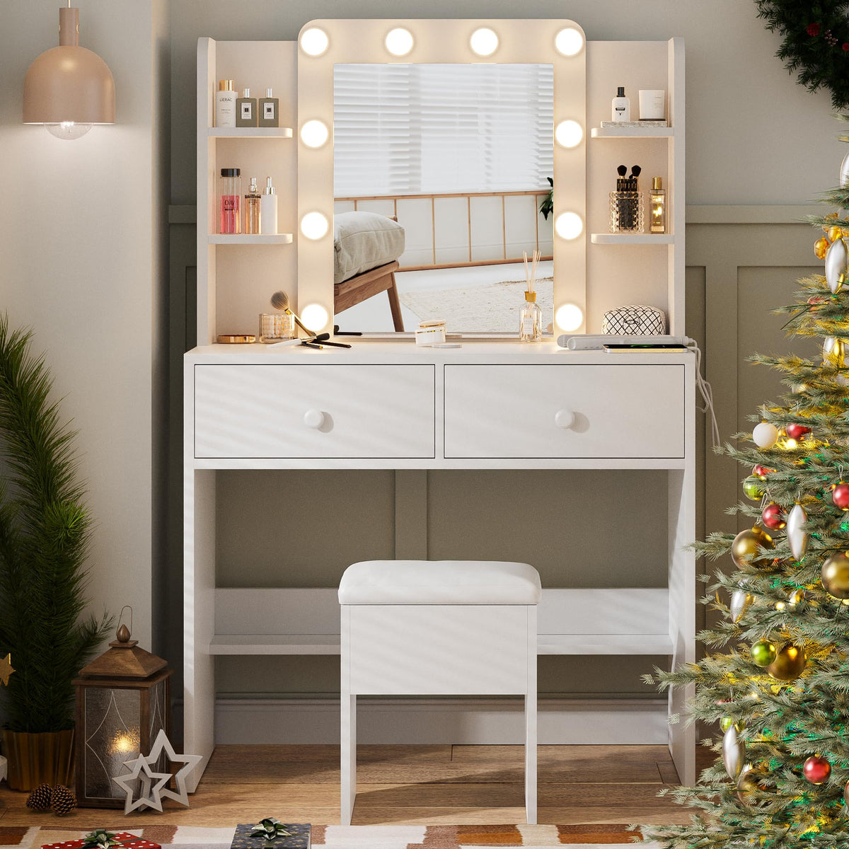 White Makeup Vanity Desk with Lighted Mirror and Chair Set M4315
