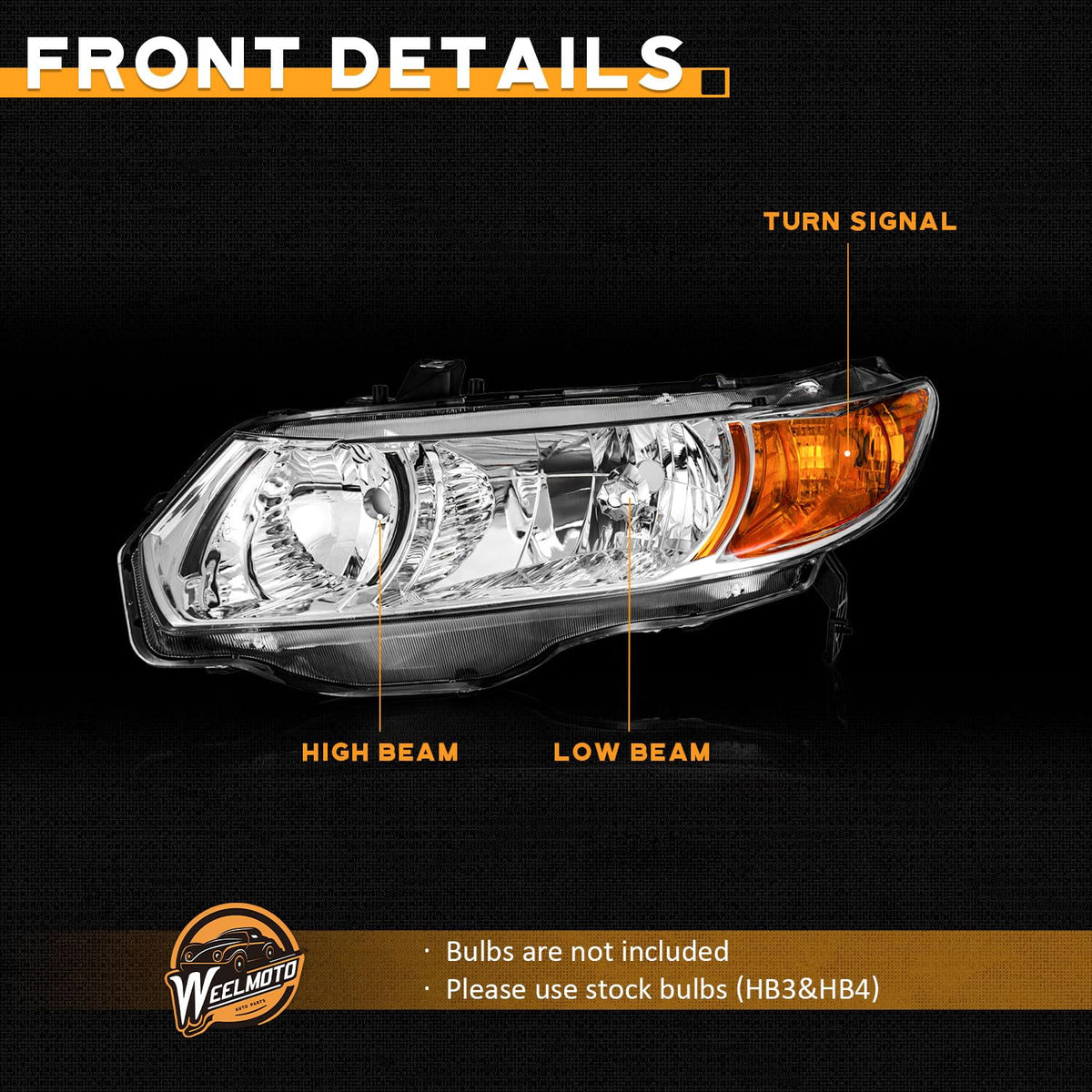 Headlight Assembly Pair Chrome Housing Amber Reflector V221