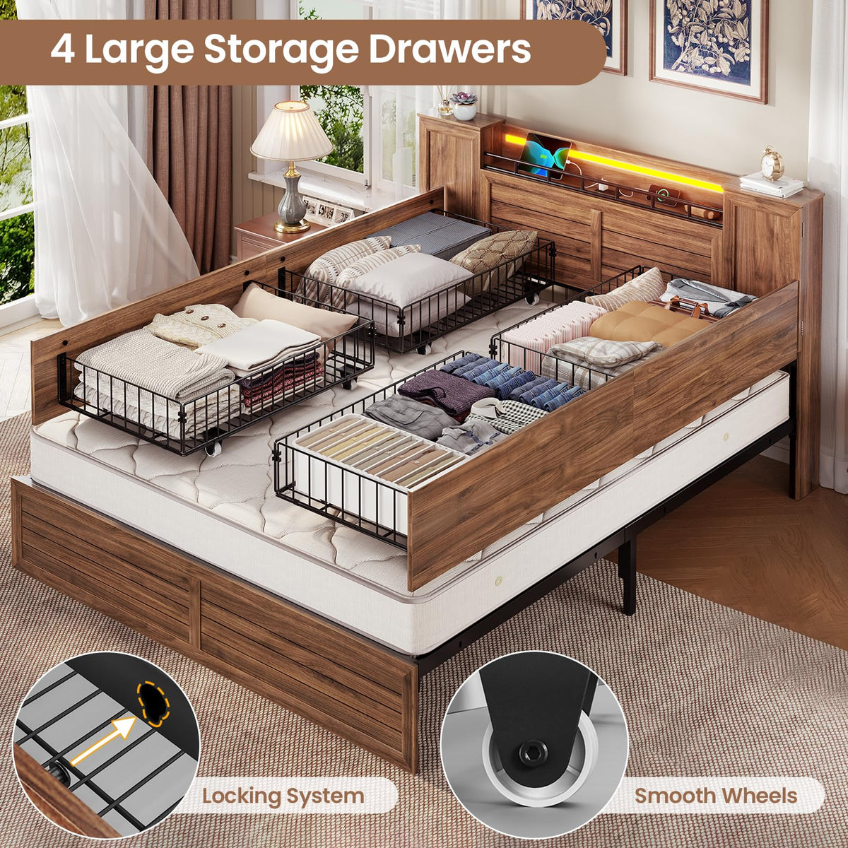 Brown Full Size Wood Bed Frame with Headboard and Storage R8079