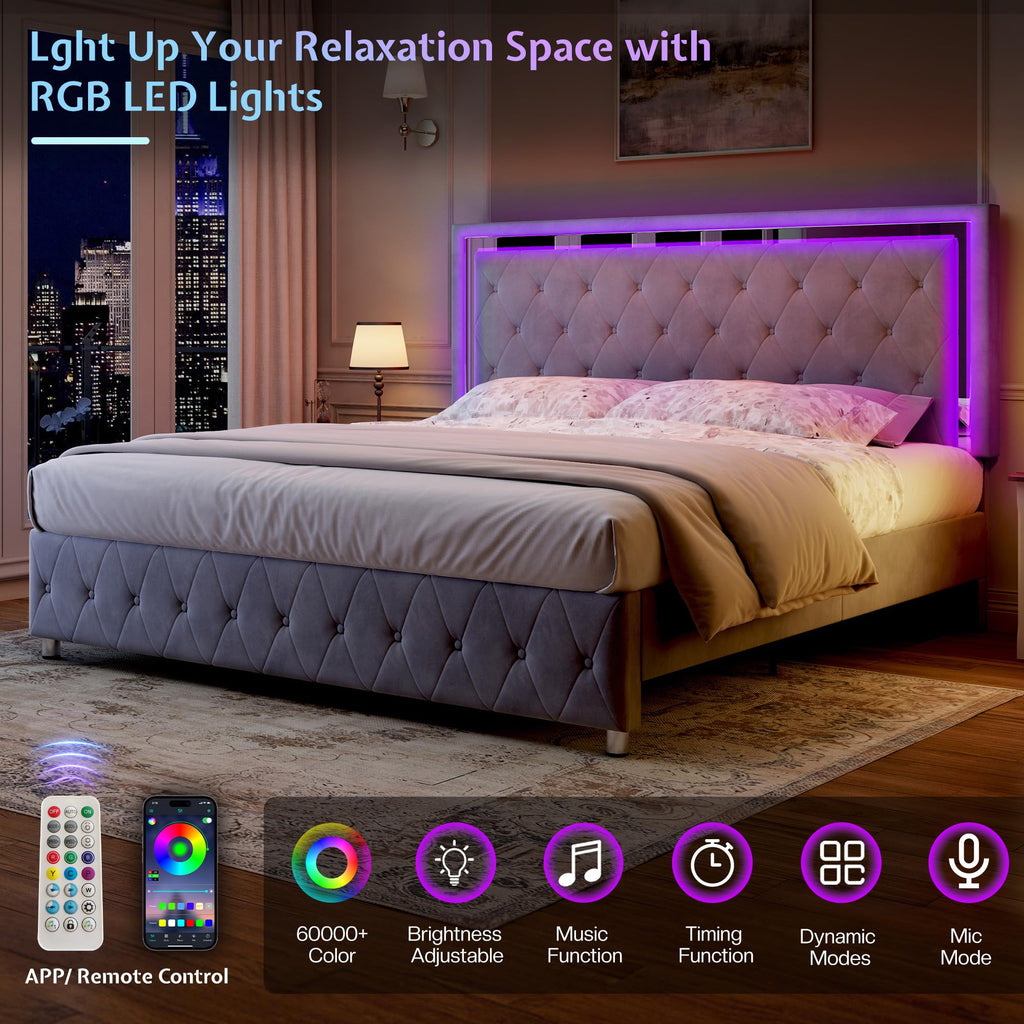 Full Velvet Upholstered Bed Frame with LED Lights Headboard J6155