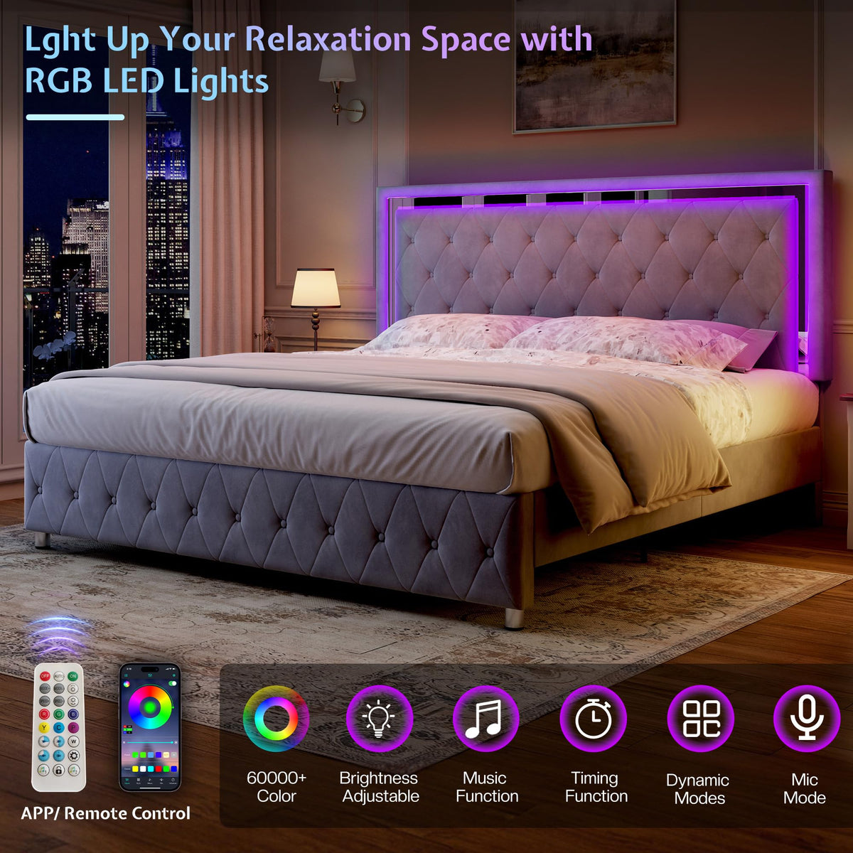 Full Velvet Upholstered Bed Frame with LED Lights Headboard J6155