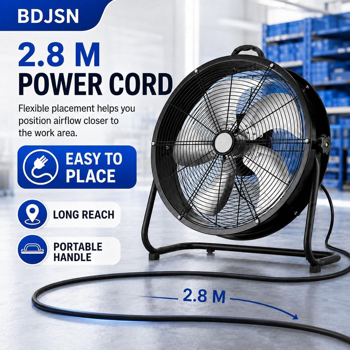 Industrial Drum Fan, High Velocity Air Circulator with 5 Aluminium Blades, 3-Speed Adjustable Tilt Metal Floor Fan Y259