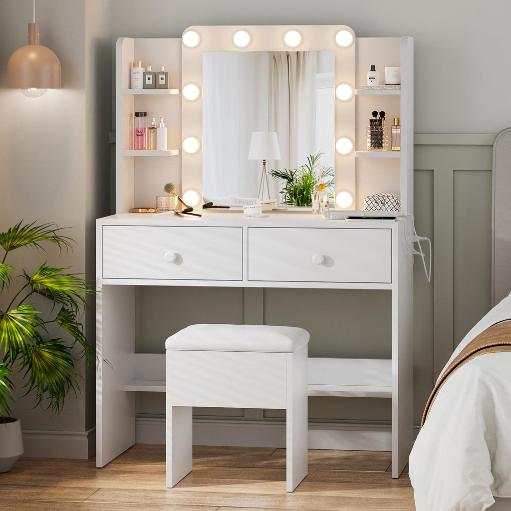 White Makeup Vanity Desk with Lighted Mirror and Chair Set M4315