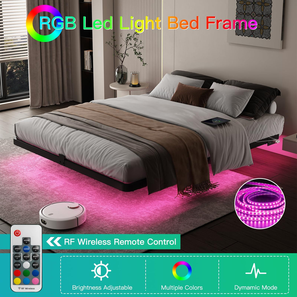 Full Size Floating Platform Bed Frame with LED Lights & Charging Station T529