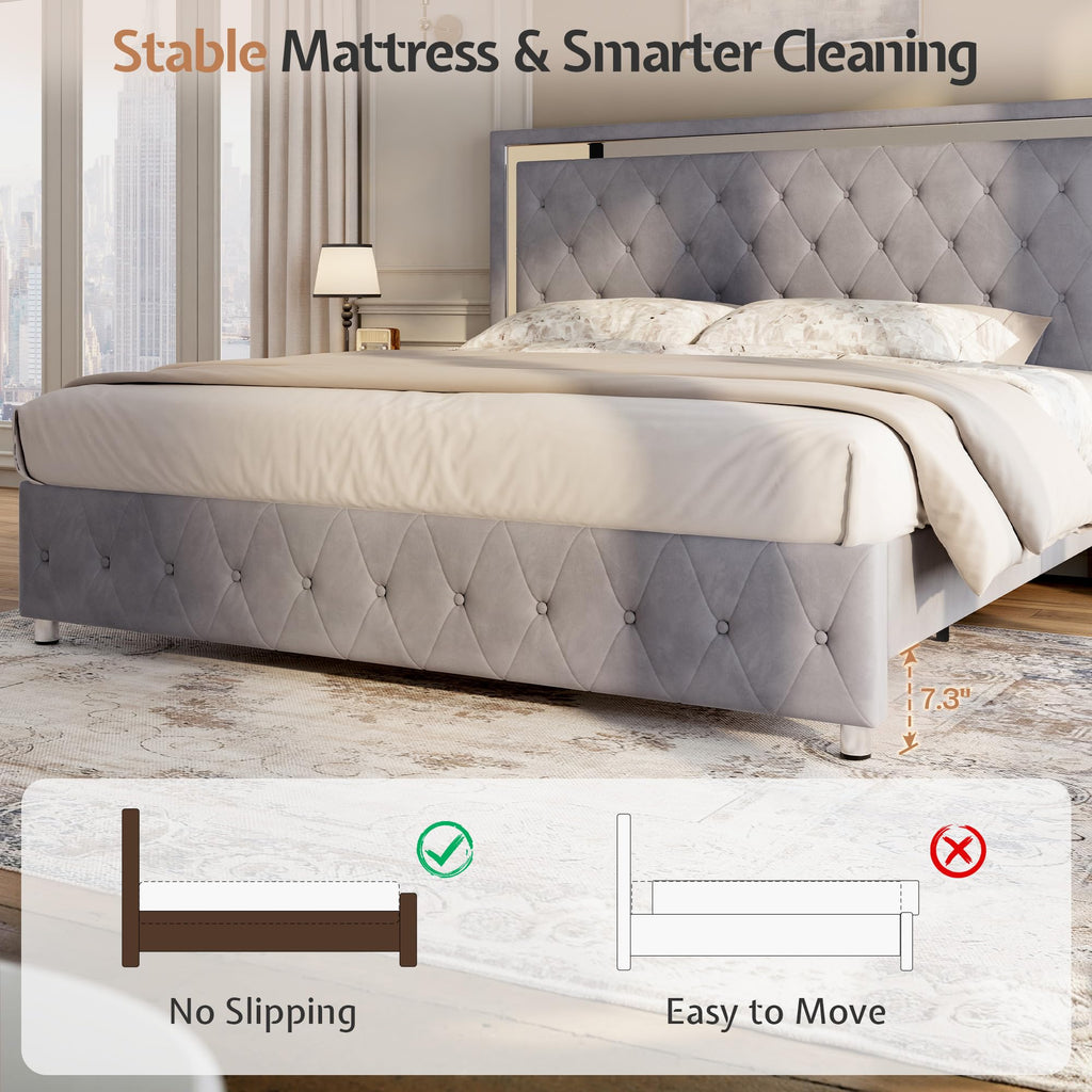 Full Velvet Upholstered Bed Frame with LED Lights Headboard J6155