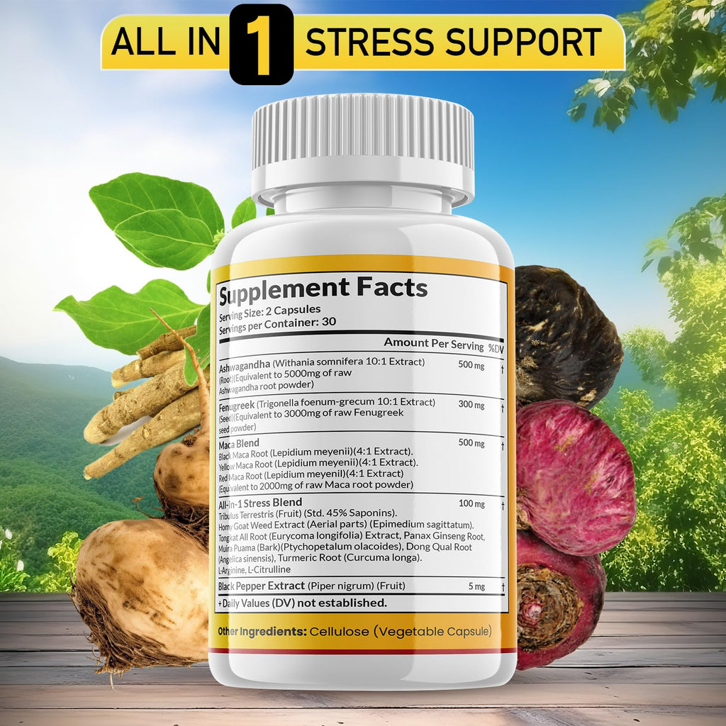Ashwagandha Maca Root Fenugreek Supplement with Tongkat Ali Ginseng 60 Count N570
