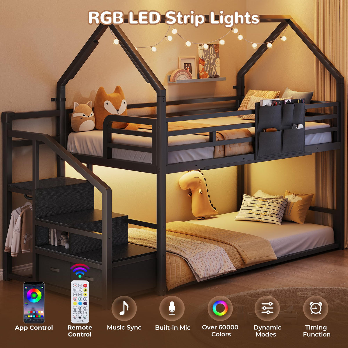 Black Twin Over Twin Metal Bunk Bed with Storage Staircase P104