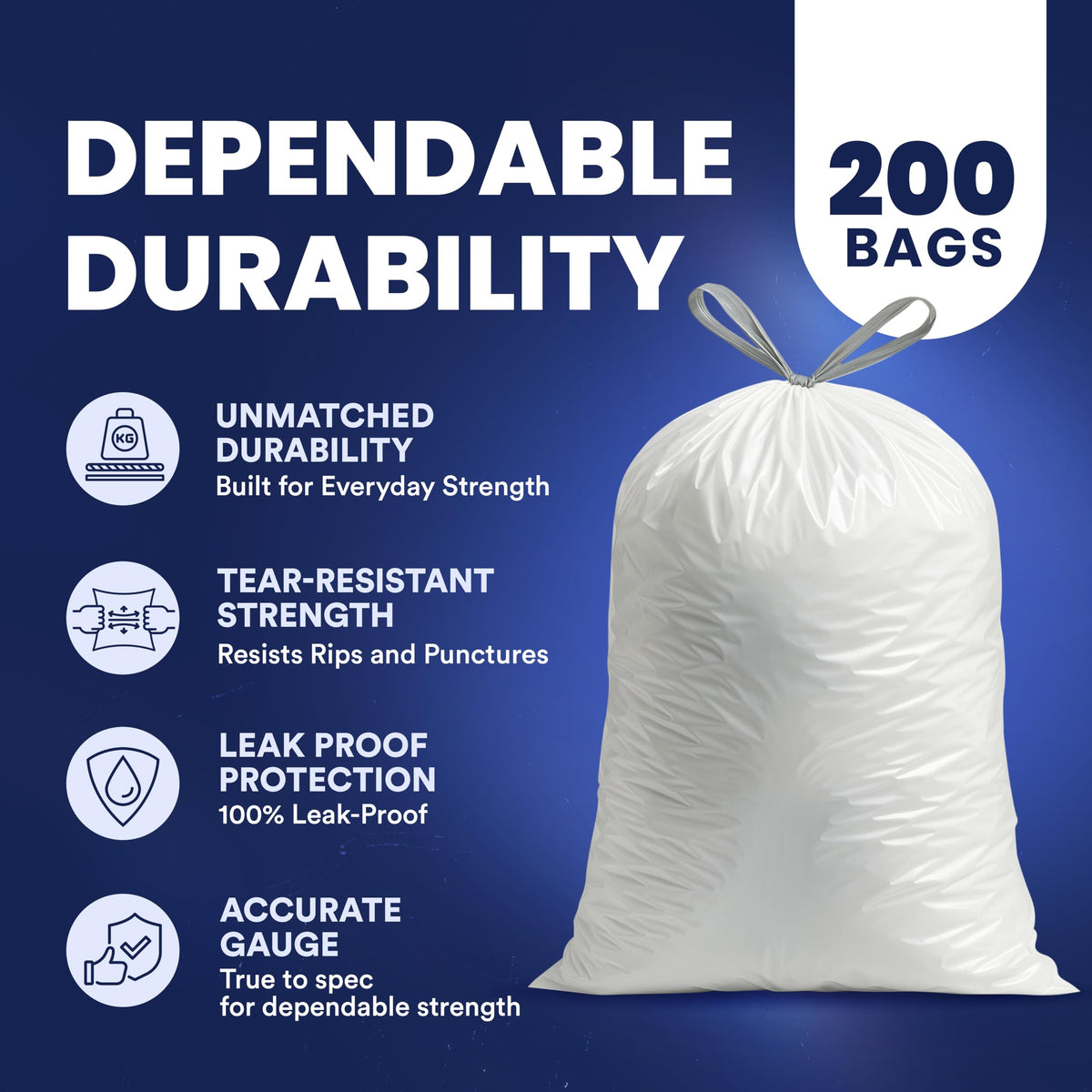 8 Gallon White Drawstring Trash Bags 200 Count Y90018