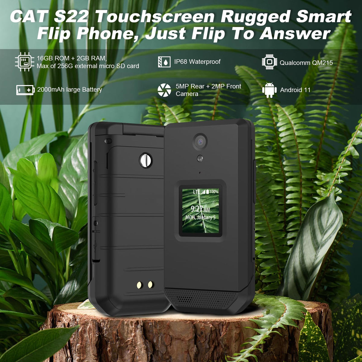 Unlocked Rugged Flip Phone 16GB 2.8'' Touchscreen Android 11 IP68 Water Resistant 4G LTE GSM Single Sim Black L92221