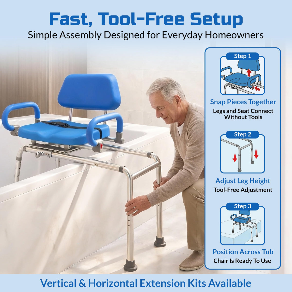 Blue Sliding Shower Chair Tub Transfer Bench with Swivel Seat R3741