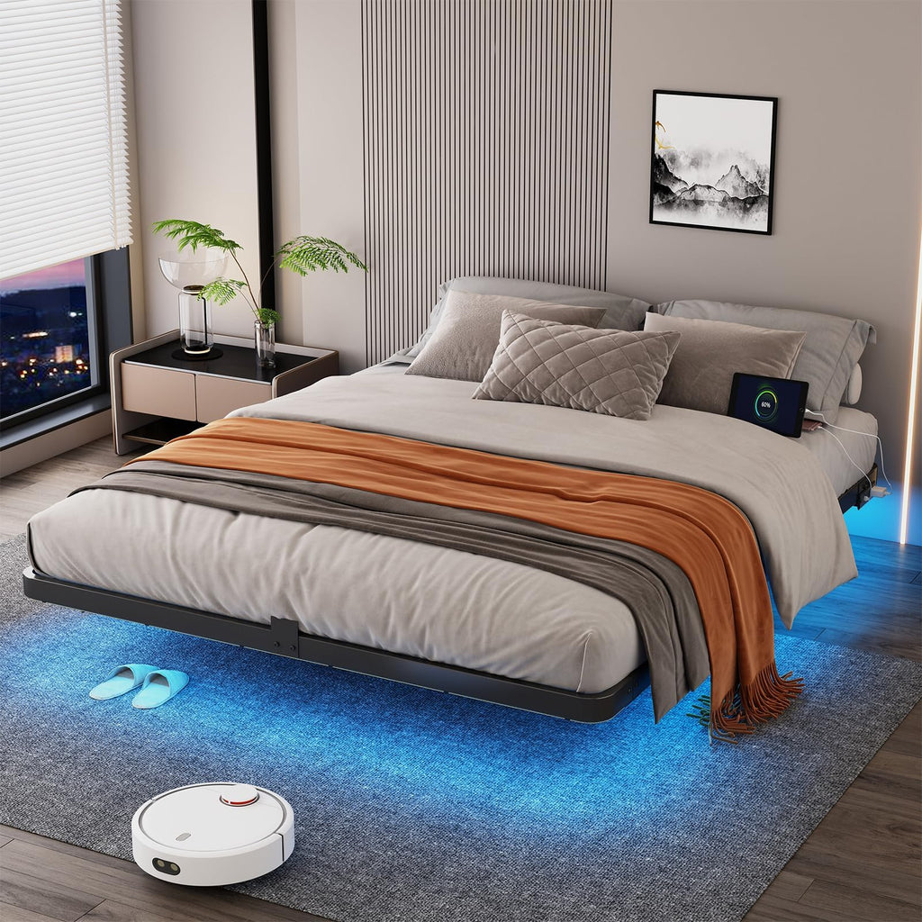Full Size Floating Platform Bed Frame with LED Lights & Charging Station T529