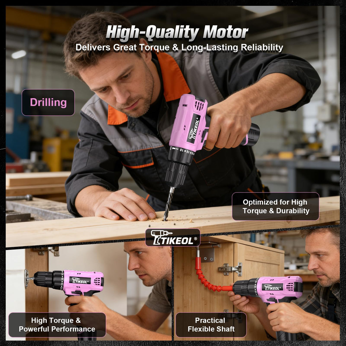 12V Cordless Drill Set with Battery & Charger, 180 In-lbs Torque, 3/8" Keyless Chuck, Pink K985