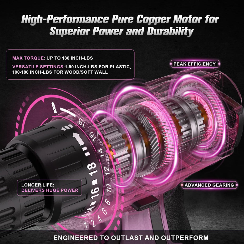 12V Cordless Drill Set with Battery & Charger, 180 In-lbs Torque, 3/8" Keyless Chuck, Pink K985