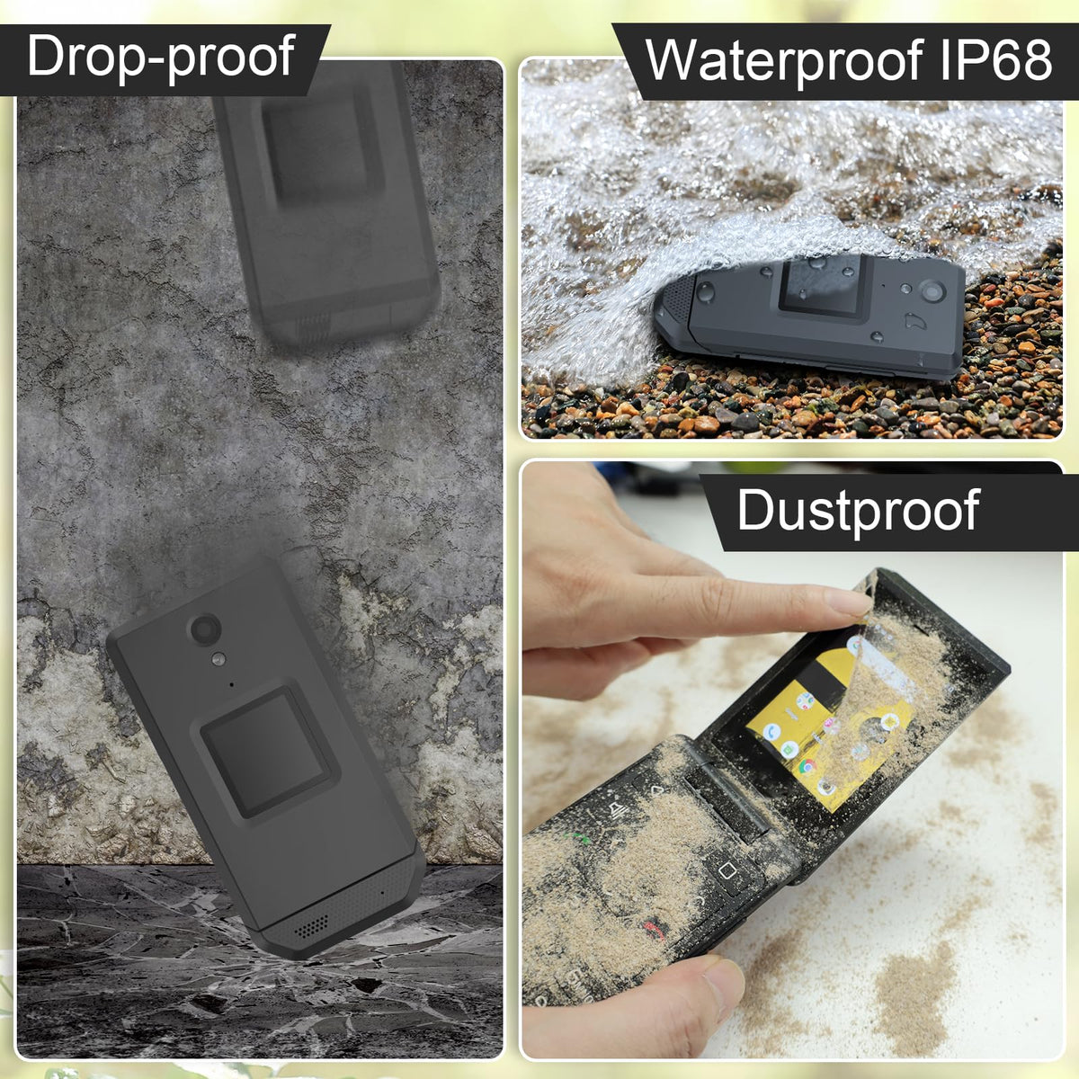 Unlocked Rugged Flip Phone 16GB 2.8'' Touchscreen Android 11 IP68 Water Resistant 4G LTE GSM Single Sim Black L92221