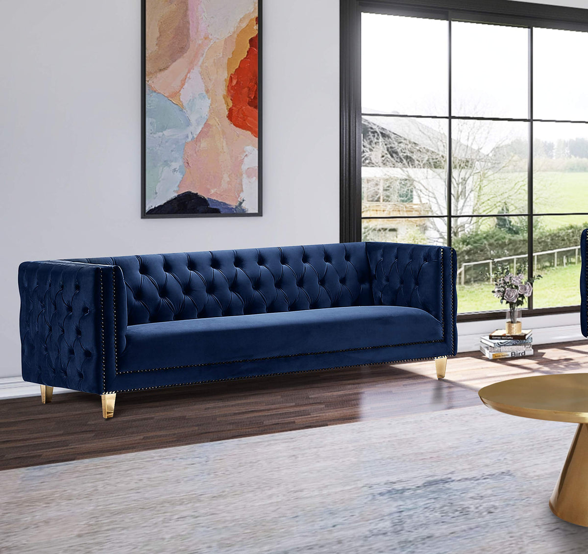 Navy Velvet Sofa with Gold Nailhead Trim R827994