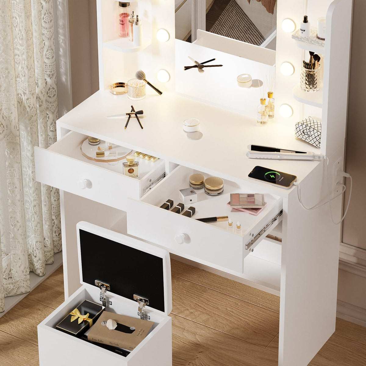 White Makeup Vanity Desk with Lighted Mirror and Chair Set M4315