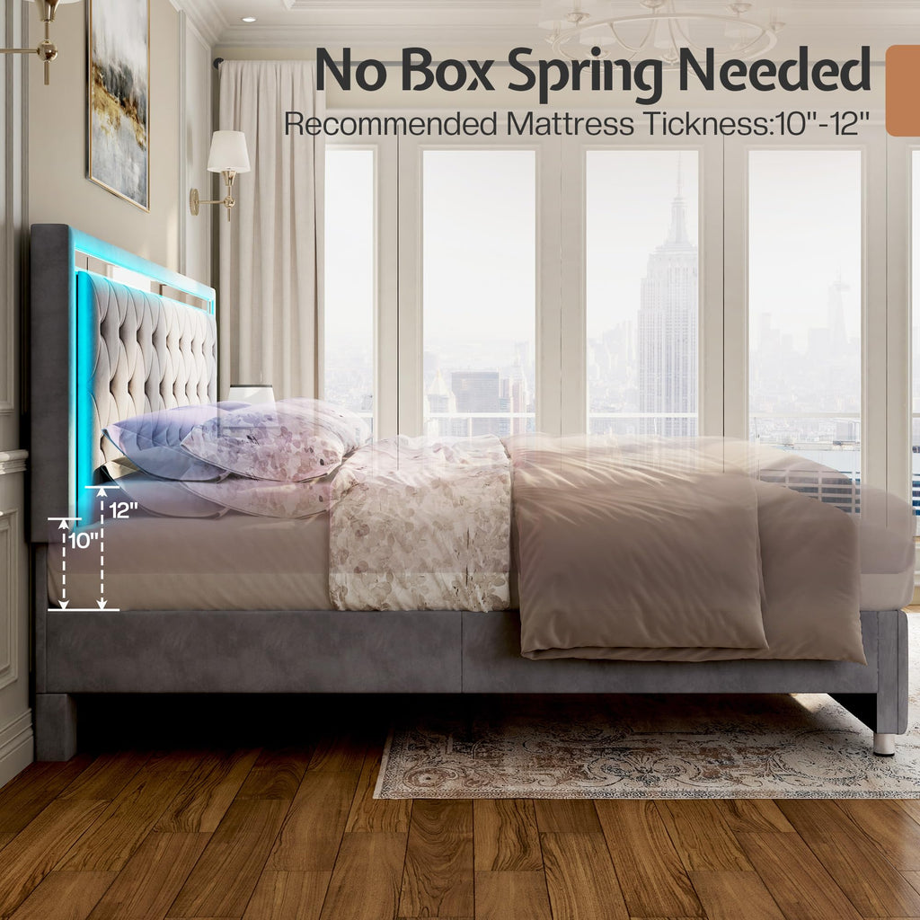 Full Velvet Upholstered Bed Frame with LED Lights Headboard J6155
