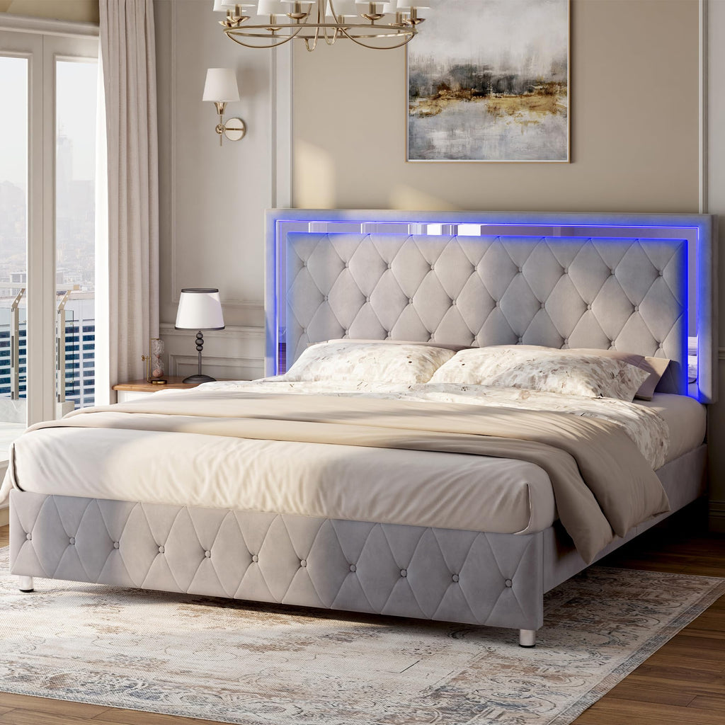 Full Velvet Upholstered Bed Frame with LED Lights Headboard J6155