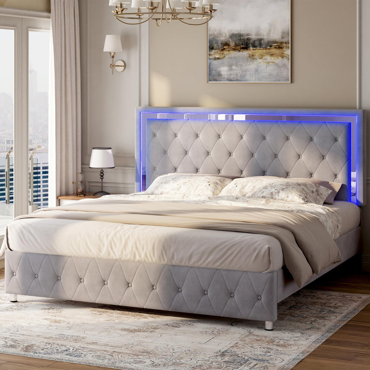 Full Velvet Upholstered Bed Frame with LED Lights Headboard J6155