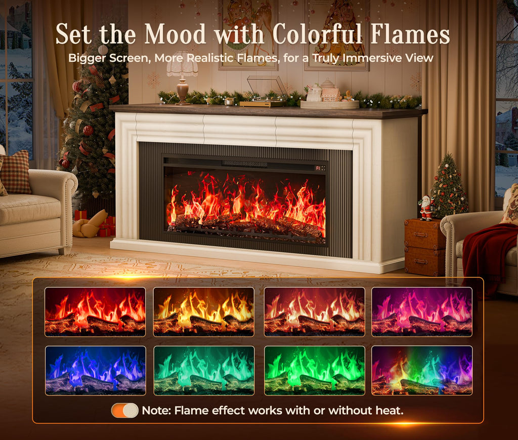 70'' TV Stand with 42'' Electric Fireplace, 3 Drawers, Distressed White J783
