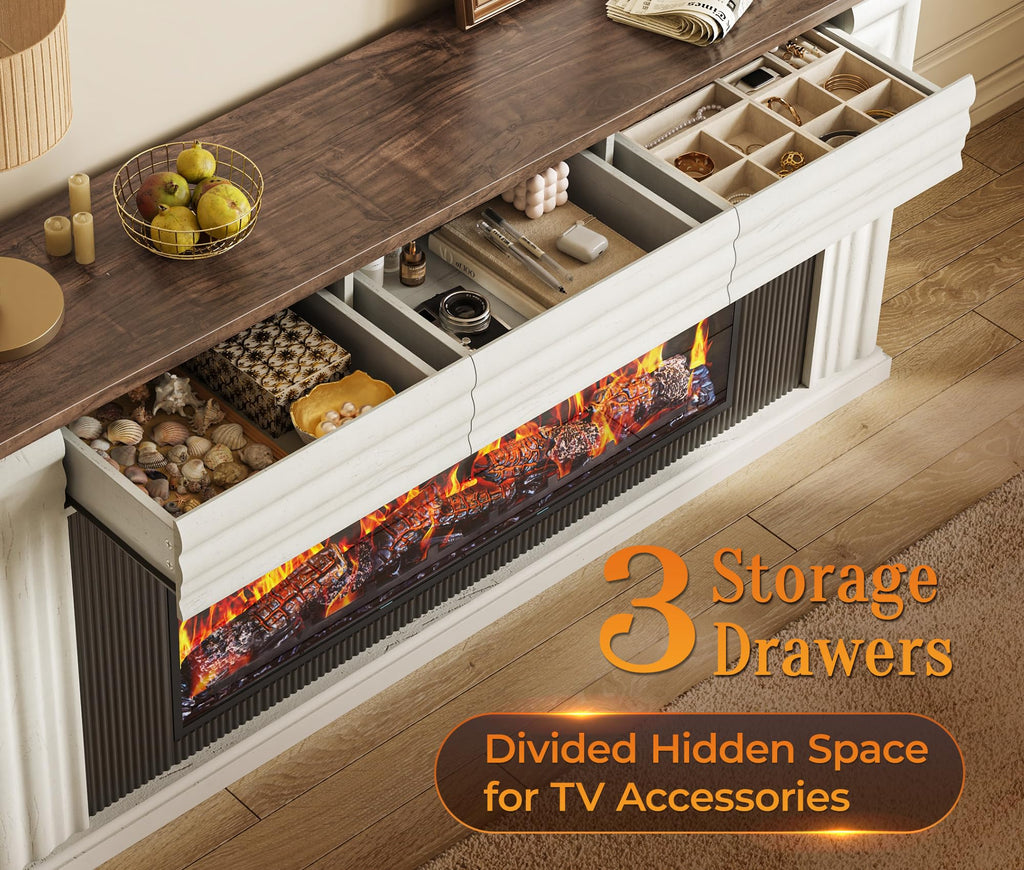70'' TV Stand with 42'' Electric Fireplace, 3 Drawers, Distressed White J783